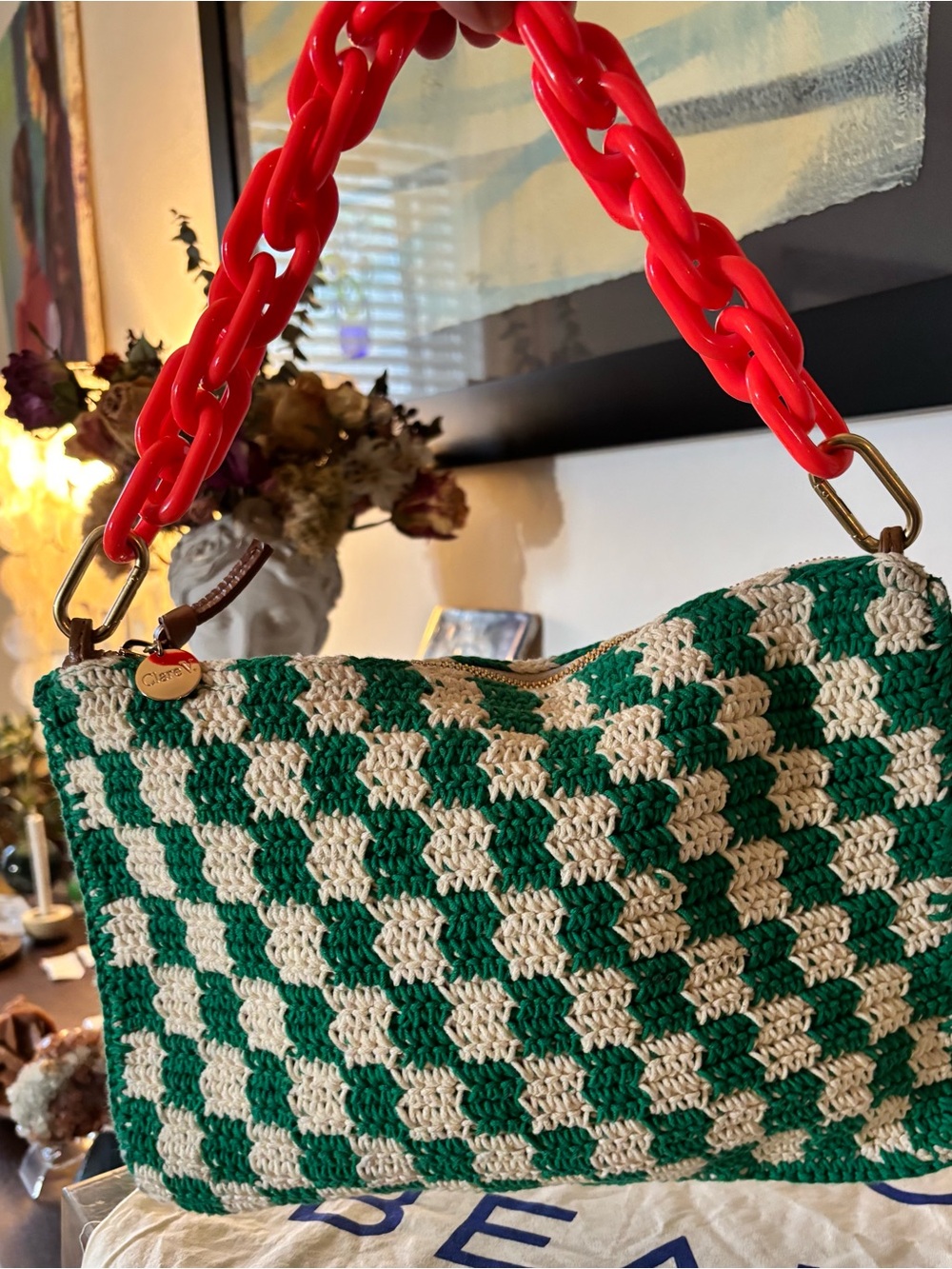 Clare V. Flat Clutch with Tabs in Sea Green & Cream Mini Crochet Checker - EUC - Picture 13 of 13